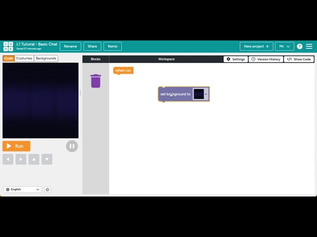 Code.org Sprite Lab - Adding a block to the Workspace