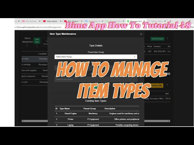 BIMS App How To Tutorial 48: How to Manage Item Types