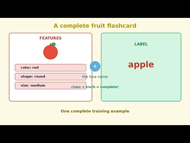What is a training example in machine learning? Features + labels on one flashcard — plain English f