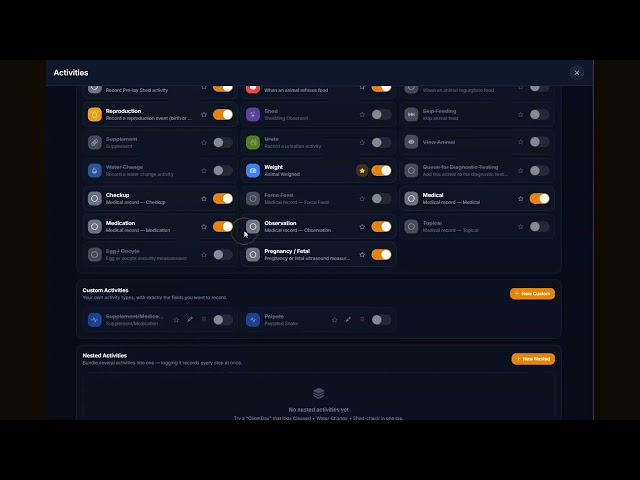 Configure activities: turn them on, star them, nest them