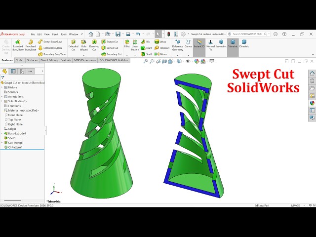 SolidWorks Tutorial  Swept Cut on Non Uniform Cross Section