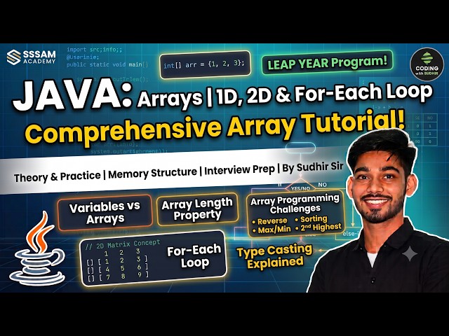 🔥 Java Arrays Tutorial in Java | 1D & 2D Arrays | For Each Loop | Array Programs | By Sudhir Sir