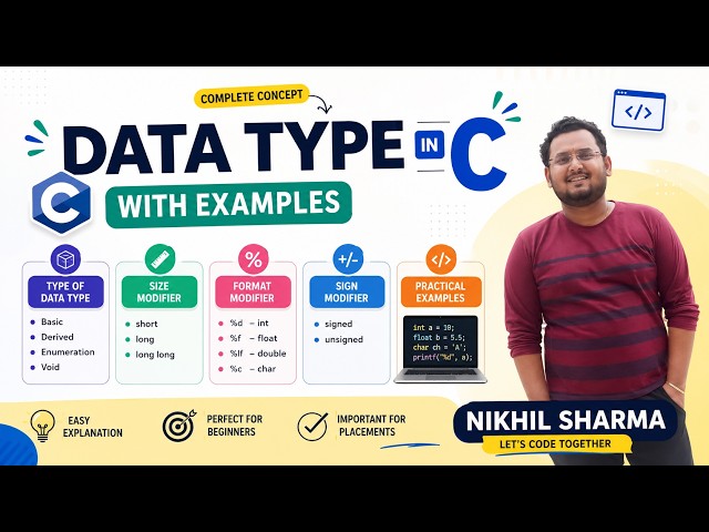 Data type in C | Type of Data type | Size & Sign Modifier | Format Specifier| C course in hindi |1.8