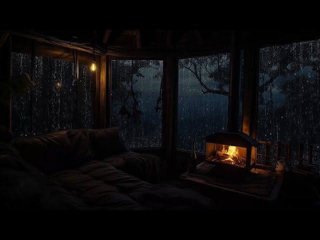 Cozy Room Ambience on Rain day with Rain drop on window and Cozy Fireplace to Sleep well