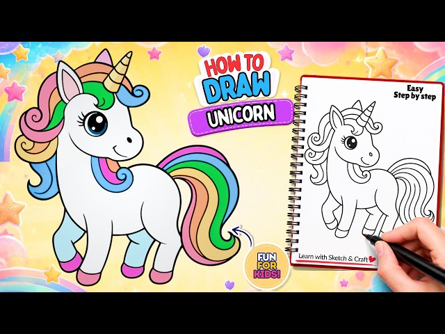 How to Draw a Cute Unicorn 🦄 | Easy Step by Step Drawing for Kids | How to Draw a Kawaii Unicorn