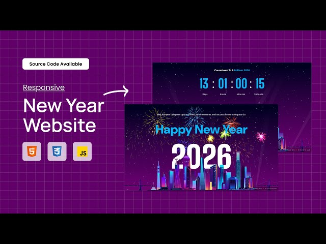 New Year Countdown Website with Fireworks & Animations | HTML CSS JS