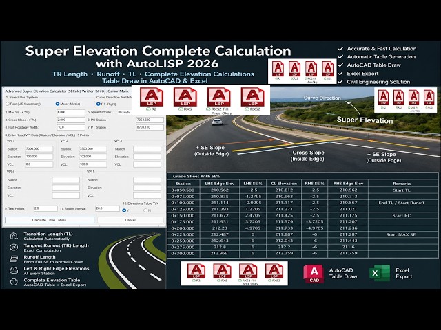 Super Elevation Complete Calculation with AutoLISP 2026 | Elevation Table | AutoCAD & Excel