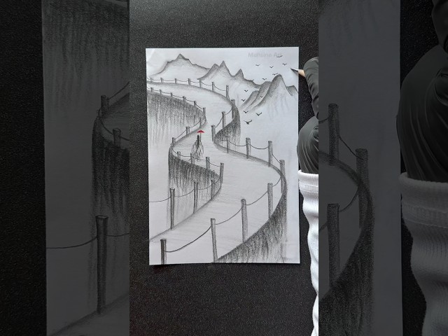Easy landscape drawing technique 🤔😱 #shorts #craft #art #drawing #crafts #satisfying