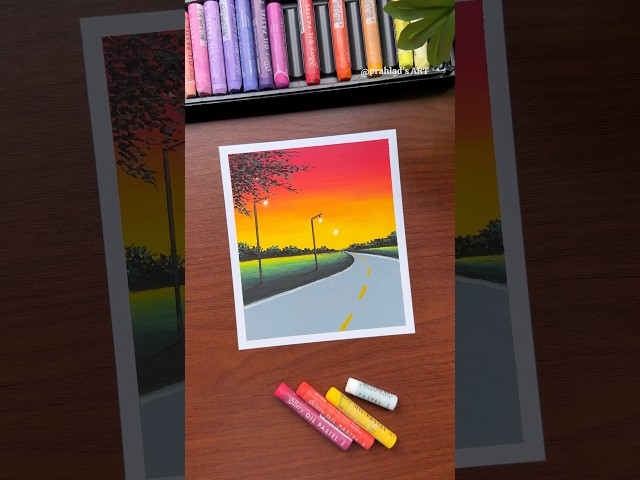 Easy Sunset Road Scenery Drawing with Oil Pastels | Step-by-Step Tutorial