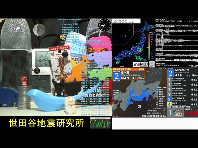 2025/8/18 8:34 遠州灘で地震 震度2 深さ30km M4.9 Earthquake in Enshu-nada Sea Japan