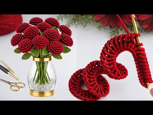 Amazing Tunisian Crochet Idea! 🌹 Flower Bouquet with Leaves | Easy & Beautiful