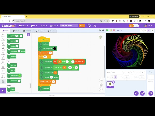 Python Turtle Graphics in CodeSkool 🐢 — Code Art with Blocks AND Python!