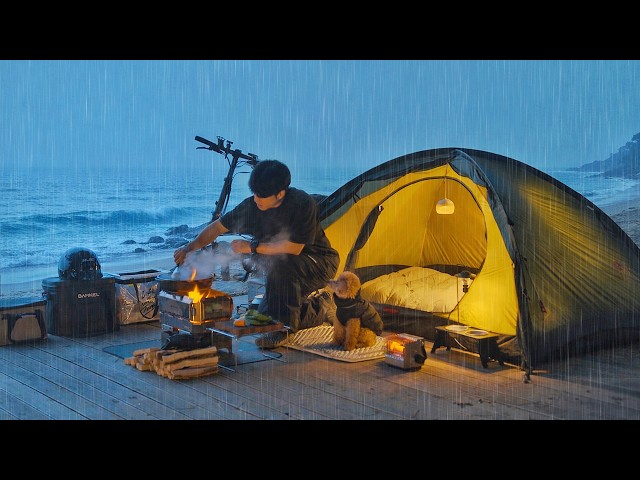 Camping in Quiet Beach with My Dog . Korea Spicy Seafood Jjamppong . Relaxing Waves ASMR