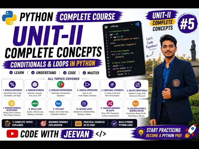 Python Unit II Complete | If Else, Nested Conditions, While Loop & For Loop | Python Language