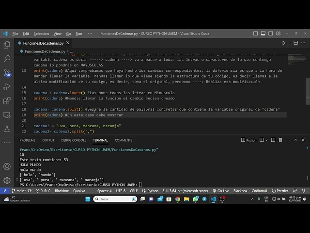 Funciones de Cadenas en Python: len(), upper(), lower() y split()