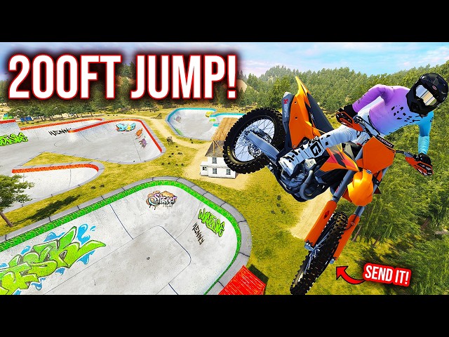 CAN I CLEAR THE HUGE 200FT SKATEPARK BOWL GAP!? (MXBIKES)