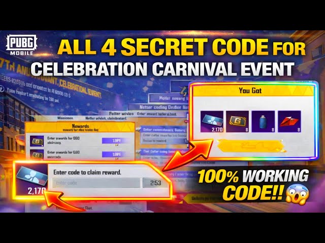😍ALL 4 CODE FOR 8TH ANNIVERSARY CELEBRATION CARNIVAL EVENT IN PUBG MOBILE | FREE CHARACTER VOUCHER