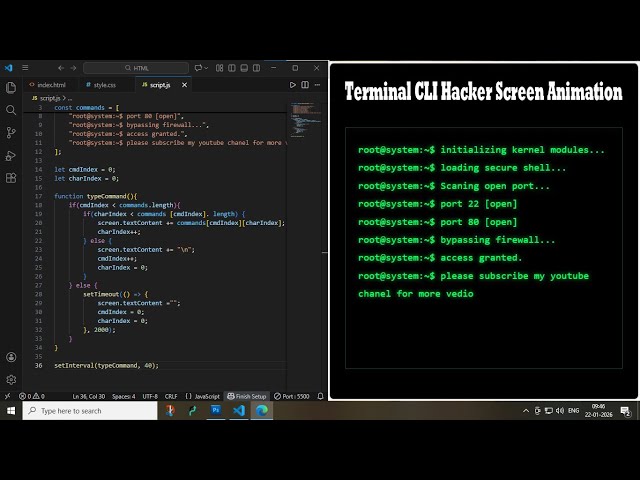 Terminal CLI Hacker Screen Animation | Pure JS Hacker Effect || Terminal Style Coding || HTML CSS JS