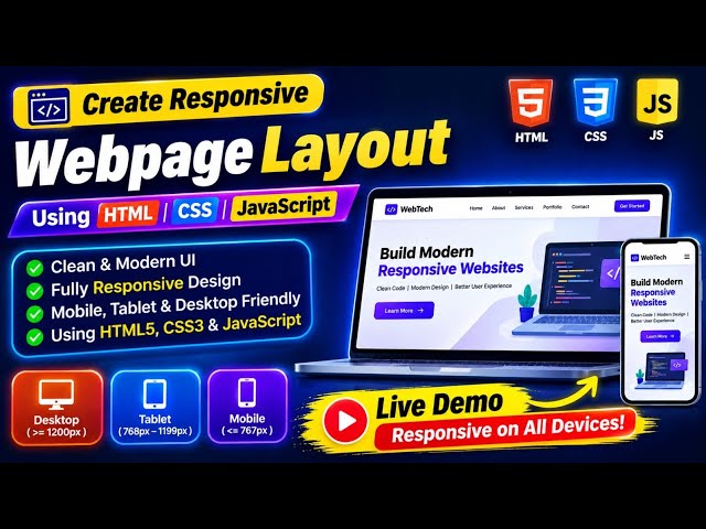 🌐 **Create a Responsive Webpage Layout Using HTML, CSS & JavaScript | Complete Frontend Project**