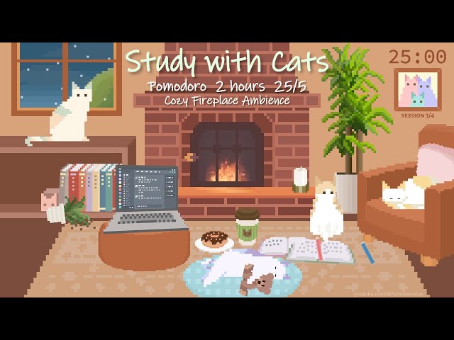 2-Hour Study with Cats 🧡 Pomodoro Timer 25/5 | Fireplace Ambience | Study All Day in a Cozy Room 🐱🐾