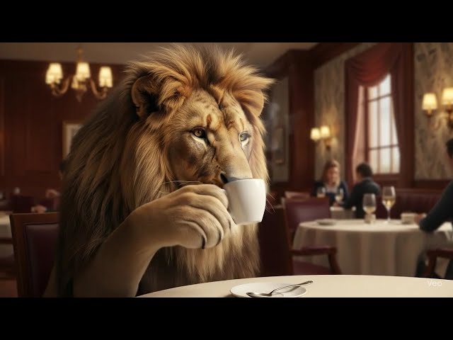 Real Lion Drinking Coffee