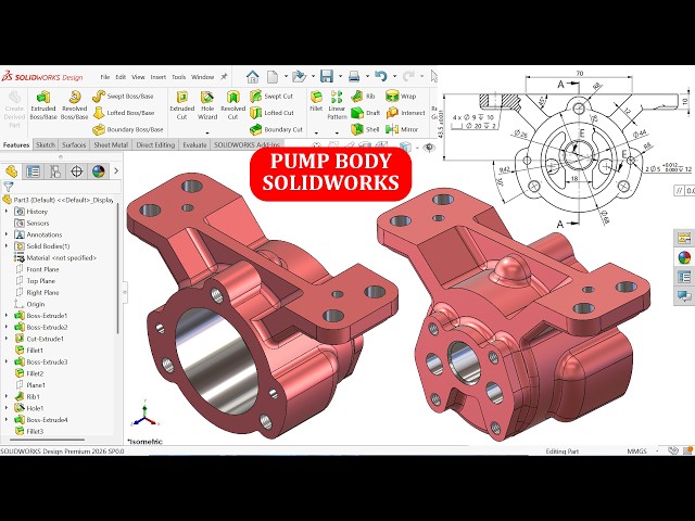 Pump Body Modeling in SolidWorks-(Hole Wizard Tapped Hole and Rib)