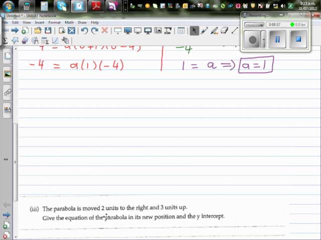 Writing equation of a parabola and its transformation from the vertex form