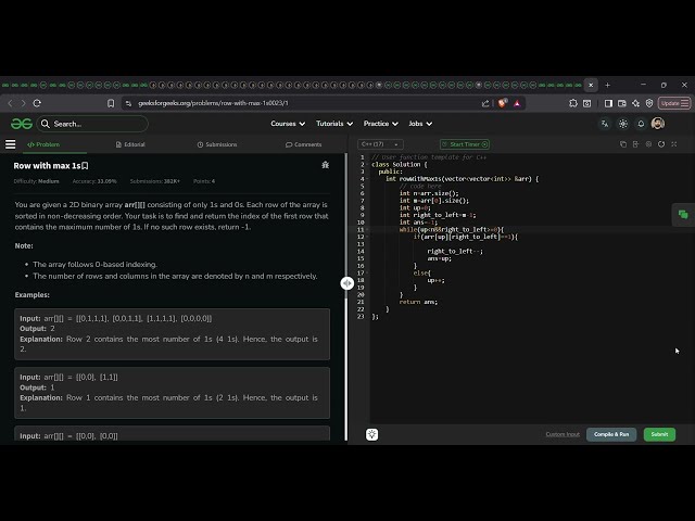 Row with Max 1s | GFG Solution in C++ | Optimal O(n+m) Approach | GeeksforGeeks