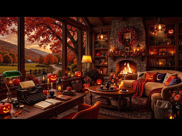 Smooth Autumn Jazz for Focus 🍁 Cozy Autumn Farm Cabin Ambience with Fireplace Sounds, Falling Leave