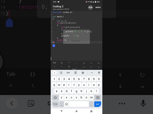 Program of ABC Pattern Using for Loop #program #progamer #ccodeschannel #ccodmobile #c #programming