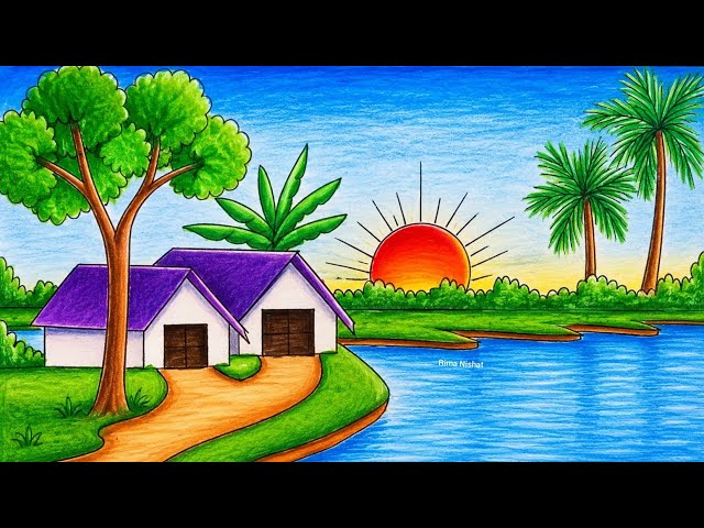 How to Draw a Beautiful Village Sunrise Scenery with River | Simple Nature Drawing Tutorial