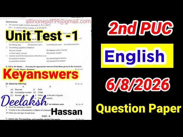 2nd PUC English Unit Test 1 Question Paper 2026 with Answers