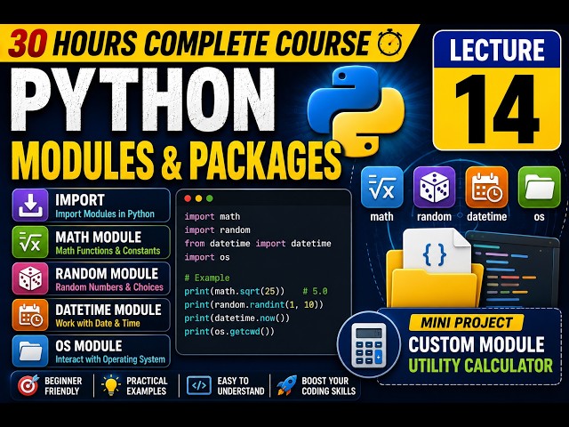 Python Modules & Packages Tutorial | Lecture 14 | Import, Math, Random, Datetime, OS & Custom Module