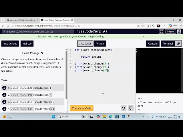Exact Change - 10 July 2026 - Python Version on freeCodeCamp