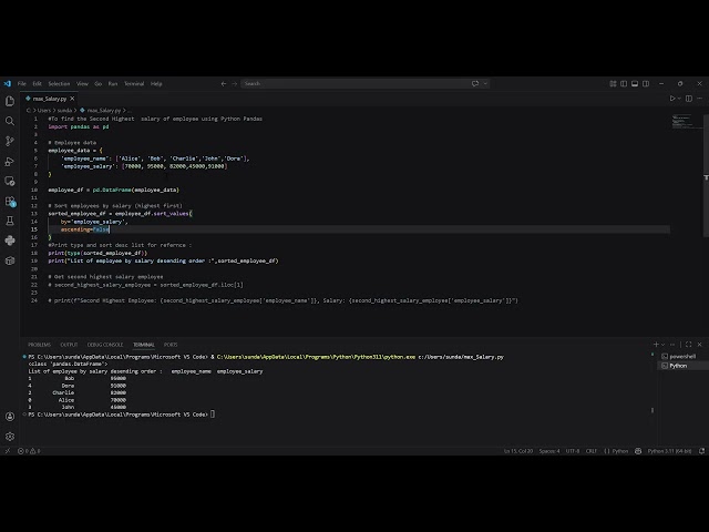 Second Highest salary| Data Engineering Interview Questions |Python Pandas| Sorting