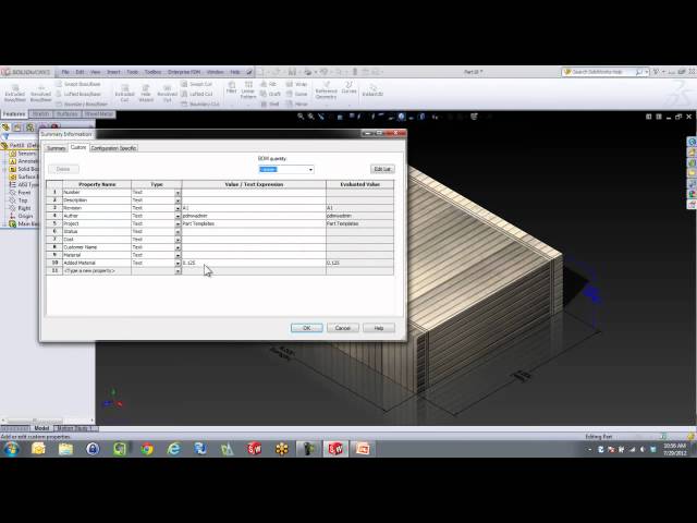 Added Part material to a SolidWorks drawings table
