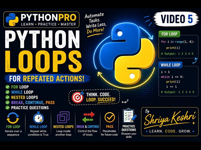 Python Loops Explained | for Loop, while Loop, Nested Loops, break, continue & pass | 5th video