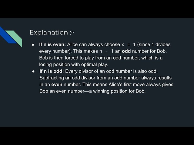 Leetcode   Problem 1025 :- Divisor Game