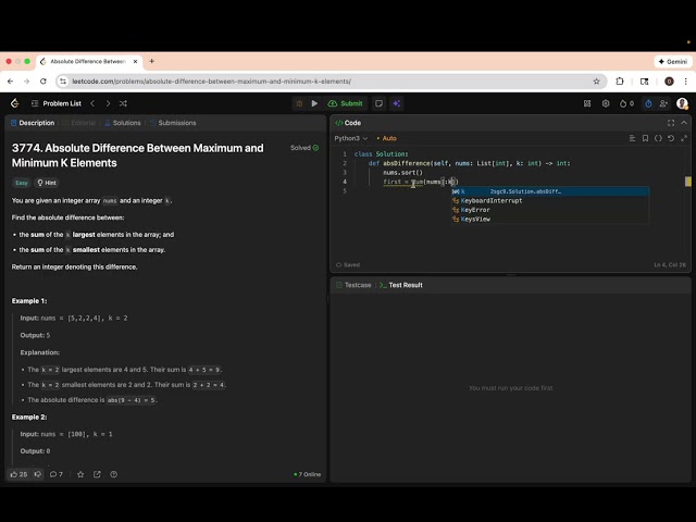 Absolute Difference Between Maximum and Minimum K Elements