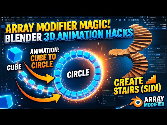 Blender Array Modifier Magic! 😲 Cube To Circle & Spiral Stairs Animation Tutorial#3D#ArrayModifier