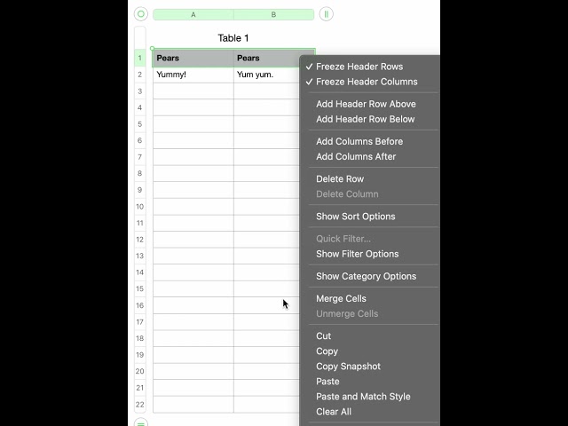 Merge header cells in Numbers