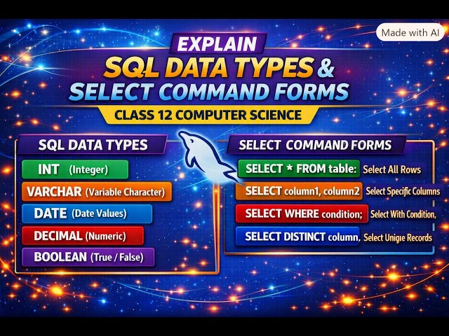 DIFFERENT FORMS OF SELECT COMMAND | WHERE | DISTINCT | SQL COMMANDS | DATA TYPES | CLASS12 | CBSE