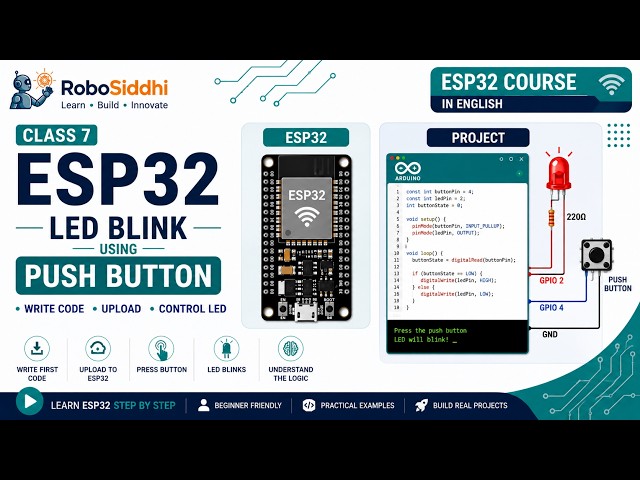 Class 7 | LED Blink Using Push Button with ESP32 | ESP32 Course in English