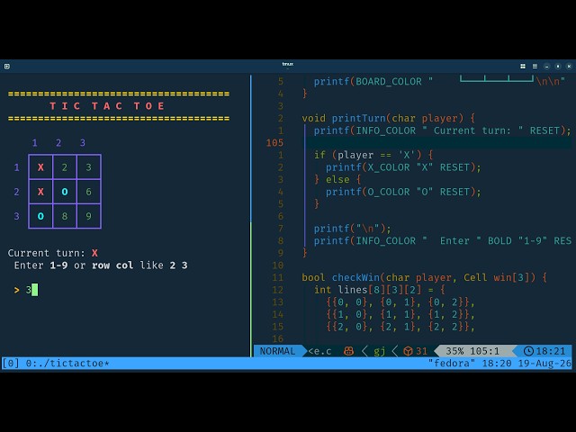 I Built a Complete Tic-Tac-Toe Game in C (It Looks AMAZING in Terminal) | Neovim, tmux & ASMR Coding
