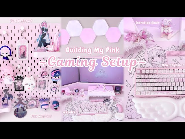 building my dream gaming setup ♡ pink desk makeover | new monitors, chair, keyboard, nanoleaf | vlog