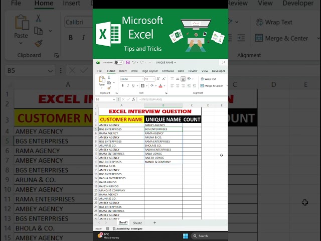 Excel unique name function   #excel #shorts #exceltips #computereducation