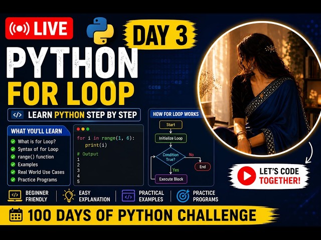 🐍 Python Day 3 - Loops (for loop) Explained in Simple Way | Beginner Python Live Coding #Python#code