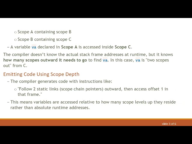 How Compilers Handle Variable Access in Nested Lexical Scopes Despite Unknown Runtime Stack Frames