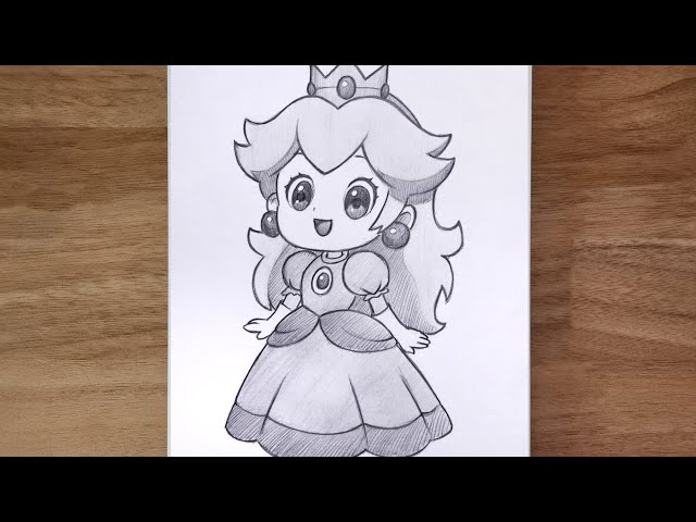 How To Draw Cute Little Princess Peach From  Super Mario Easy Pencil Drawing 