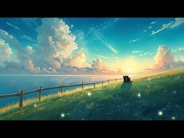 🌅 Peaceful Ocean Sunset ☁️ Relaxing Piano Music with Cozy Cats | Study, Sleep & Relax